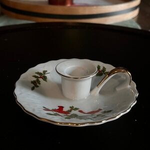 Lefton China 1984 Cardinal Holly Single Taper Candle Holder Gold Trim Vintage